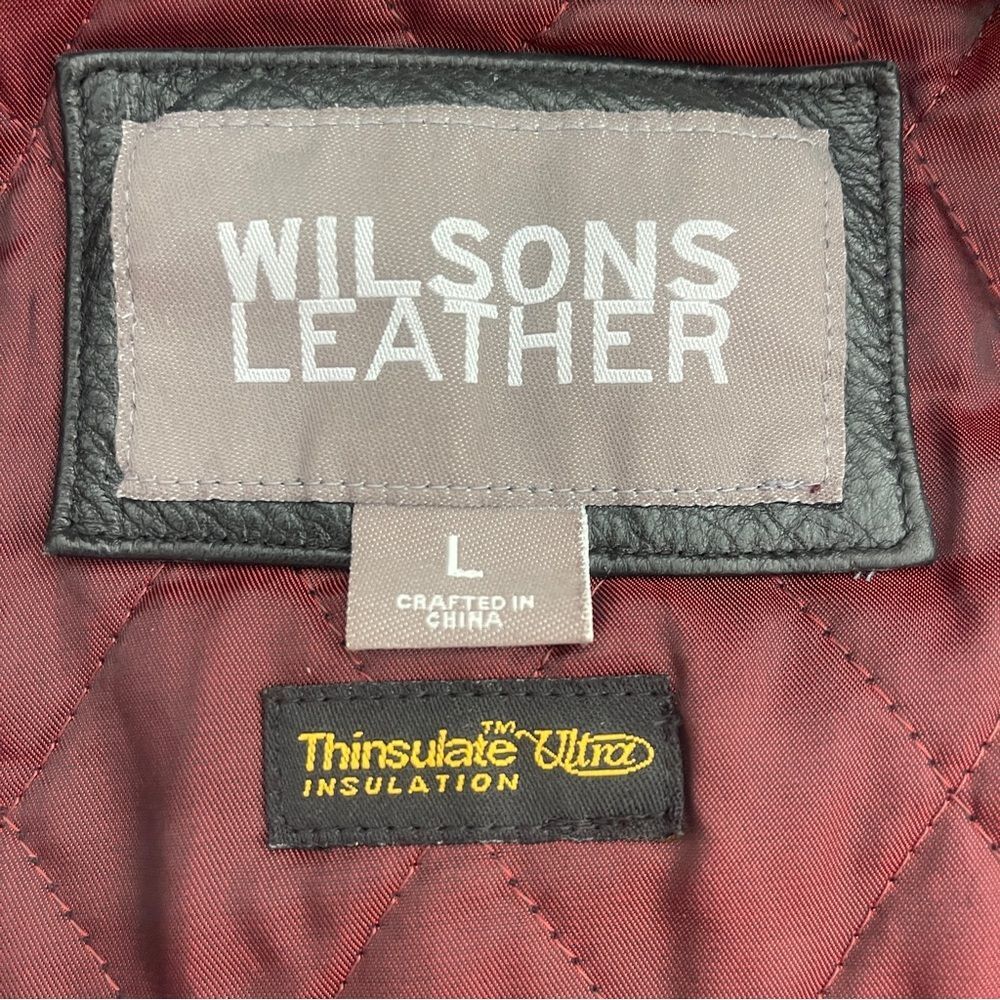 Vintage 1988 Wilson Black Leather Belted Jacket Size L, Buttons & zip out liner - Picture 3 of 7